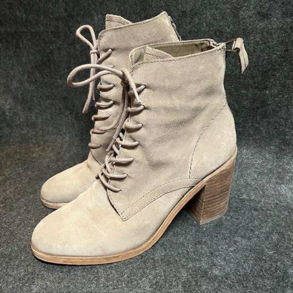 Dolce Vita Lace Up Heeled Ankle Boots Women's Taupe Suede Leather Stacked Heel